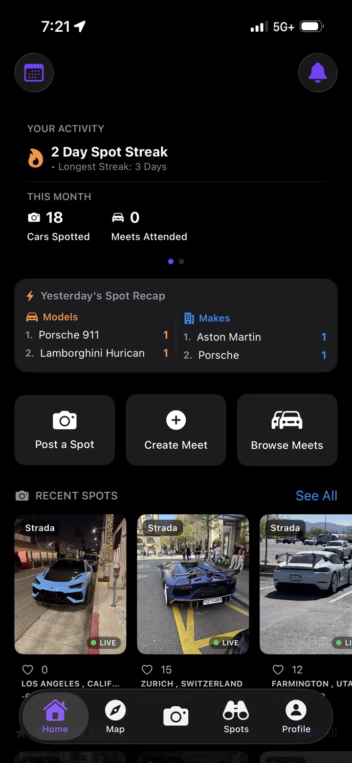 Home screen with recent spots